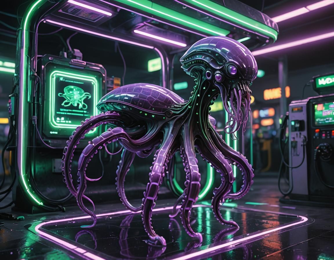 Cyberpunk Gas Station with Alien Hologram Vehicle