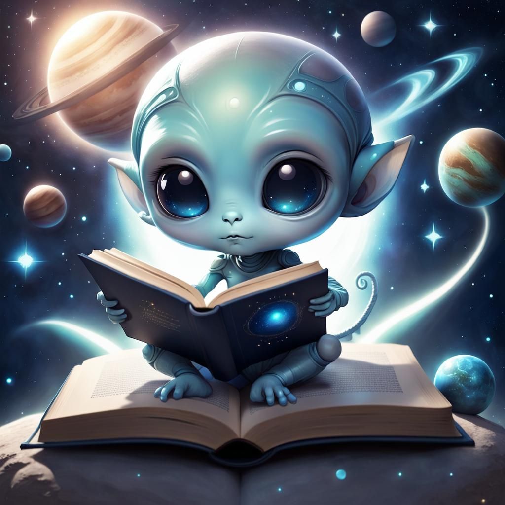 Chibi Alien Reading in Ethereal Space