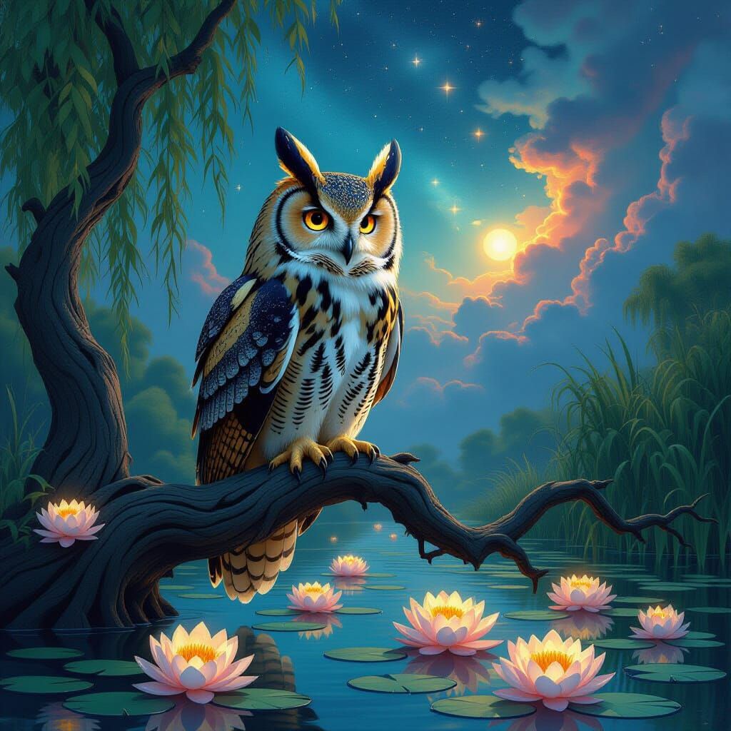 Golden Owl in Ethereal Ghibli-Inspired Forest