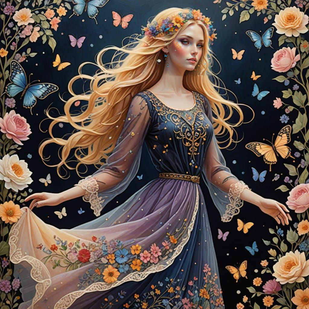 Ethereal Fantasy Dancer in Vibrant Floral Mosaic