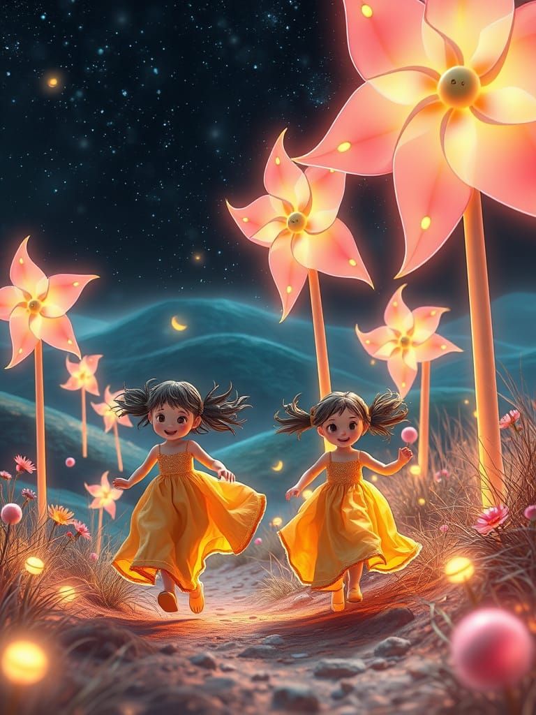 Girls in Bioluminescent Pinwheel Pasture, Ghibli Style