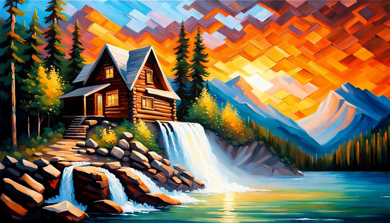 Rocky Mountain Sunset with Cabin in Impasto Oil
