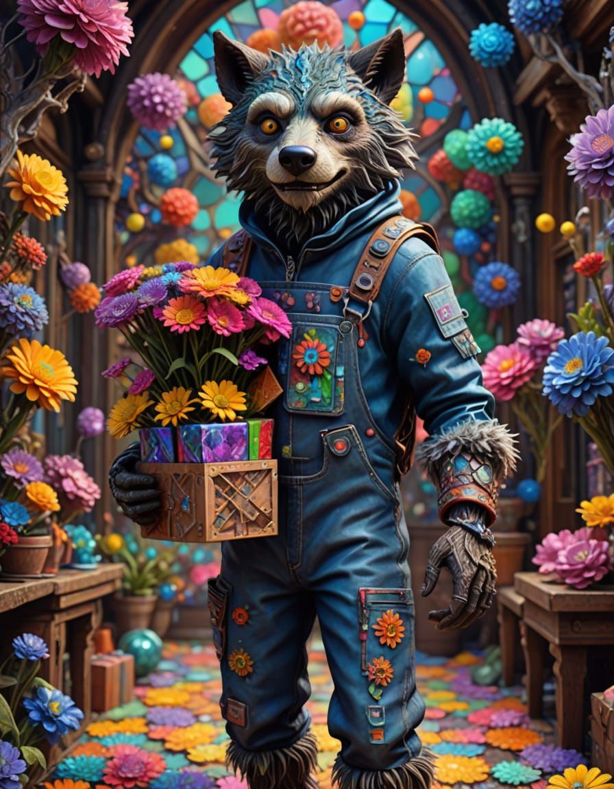 Whimsical Werewolf Boy in Bismuth Fractal Landscape