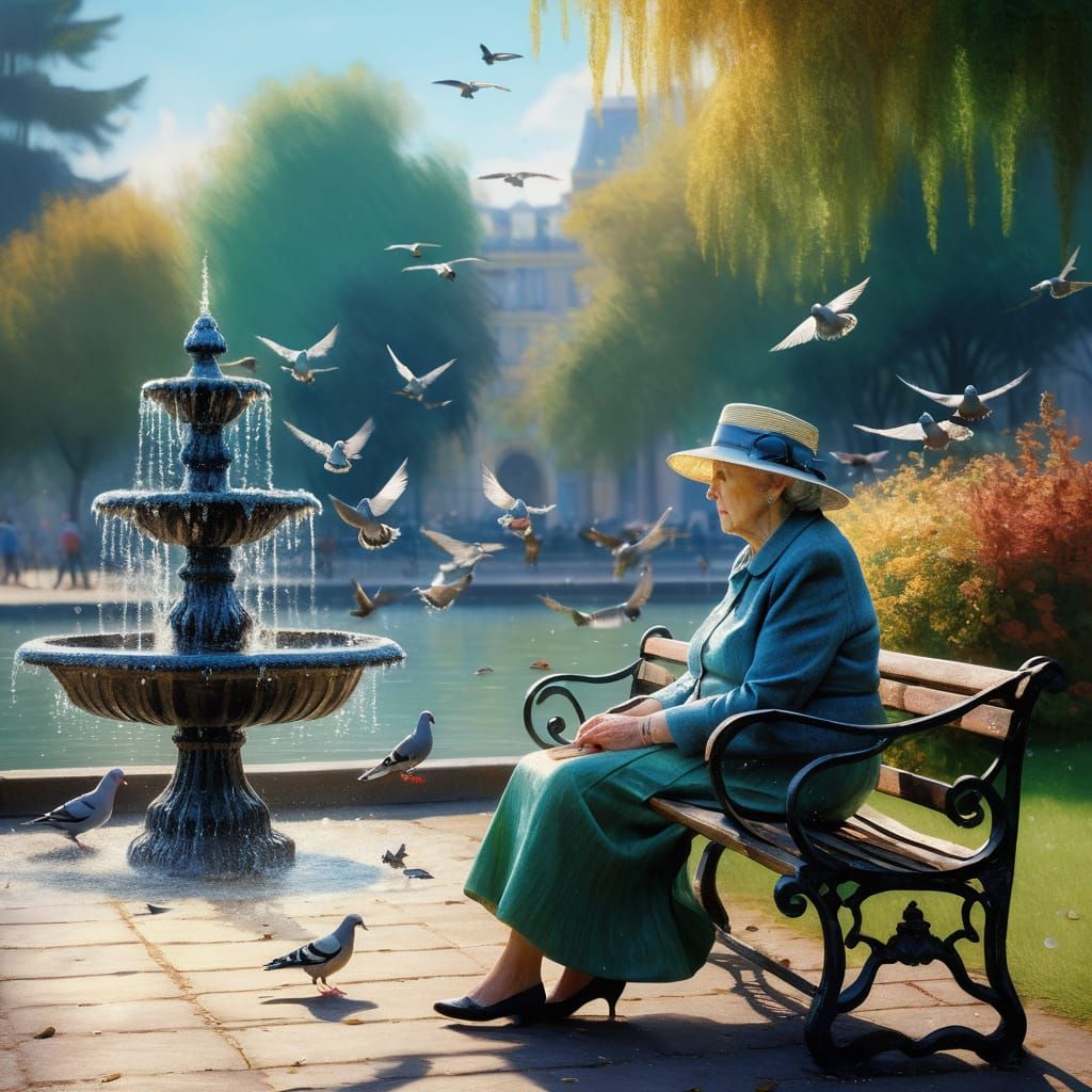 Impressionist Lady Feeds Pigeons in a Vibrant Park Scene
