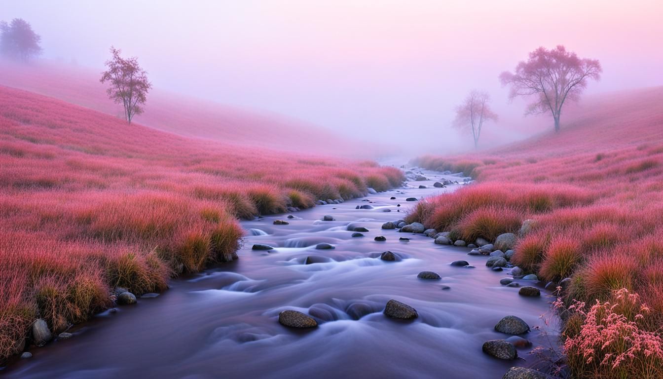 Misty Hills and Brook at Dawn