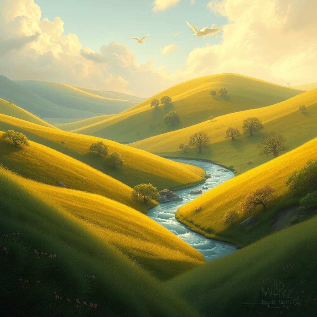 Dreamy Landscape with Rolling Hills and Lush Greenery in a W...