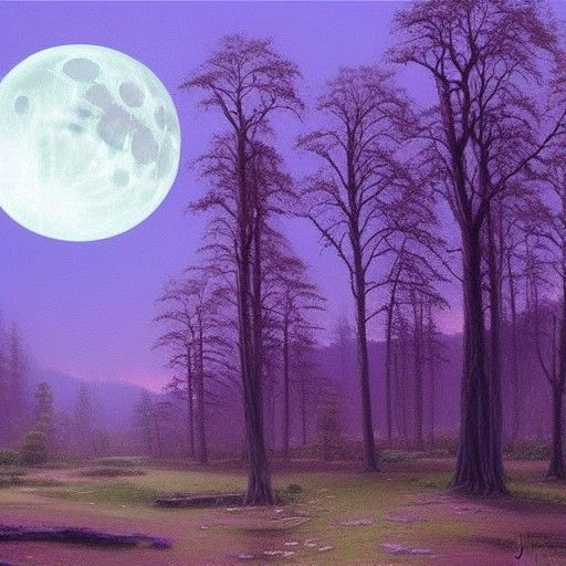 Purple Moon Landscape in Oil Painting Style