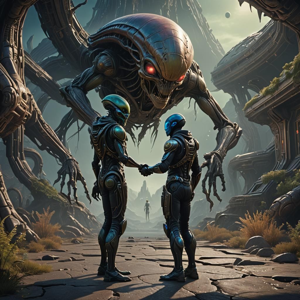 Alien Greets Human: Detailed Fantasy Concept Art