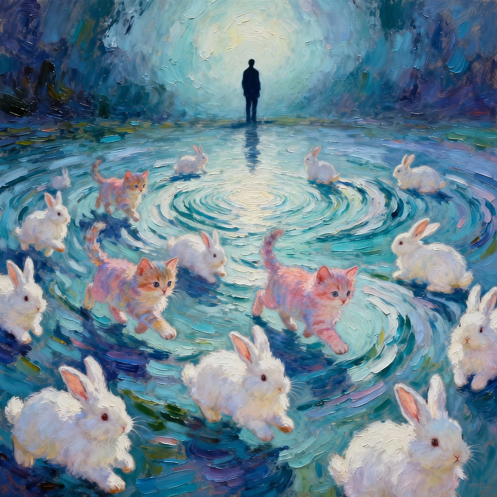 Dreamlike Landscape with Kittens and Rabbits in Pastel Waves