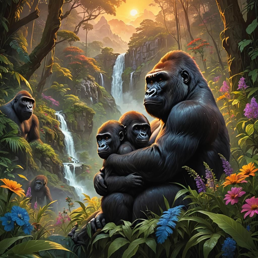 Gorilla Mother and Baby at Dawn: Fantasy Concept Art