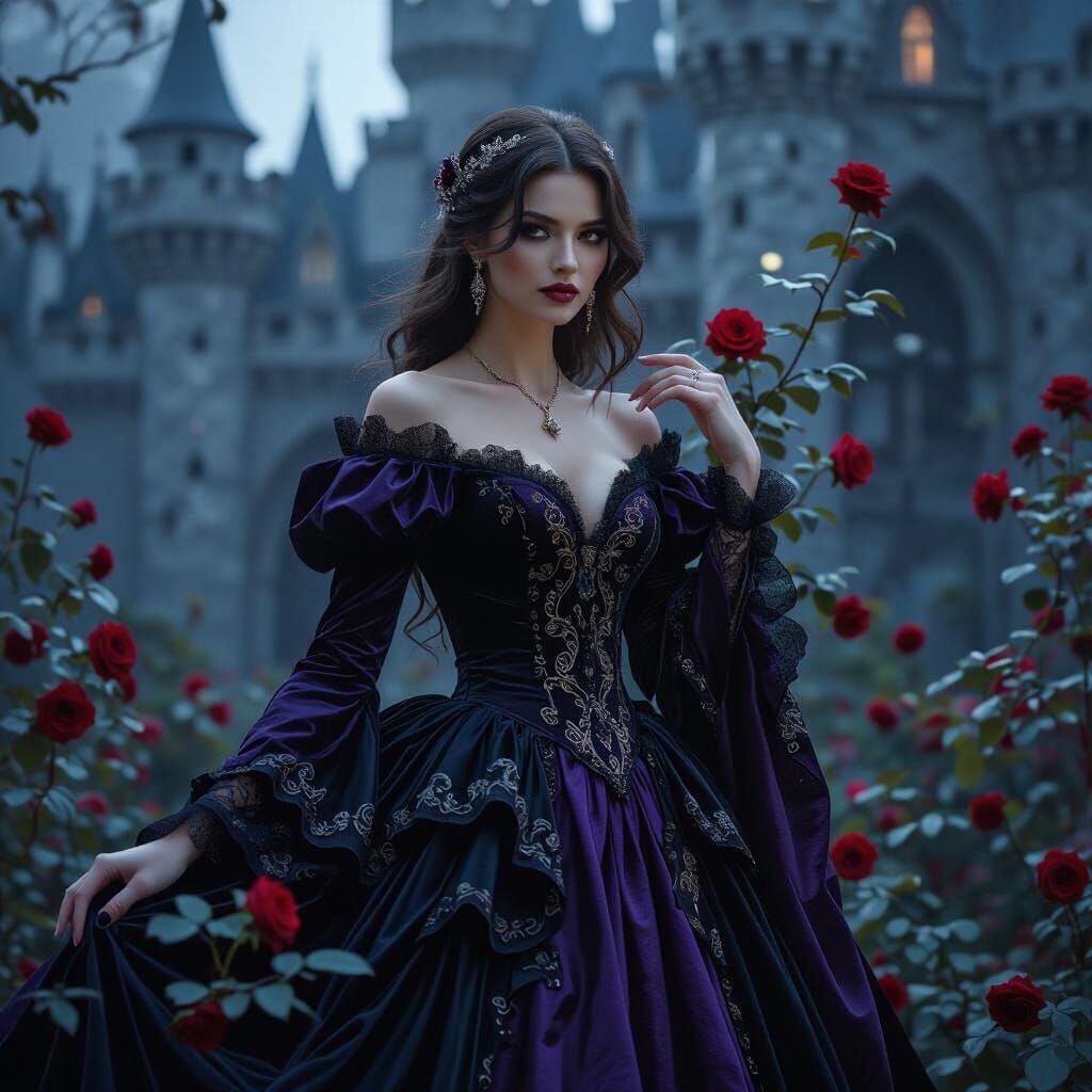 Gothic Woman in Purple Black Gown with D Embroidery, Silver ...