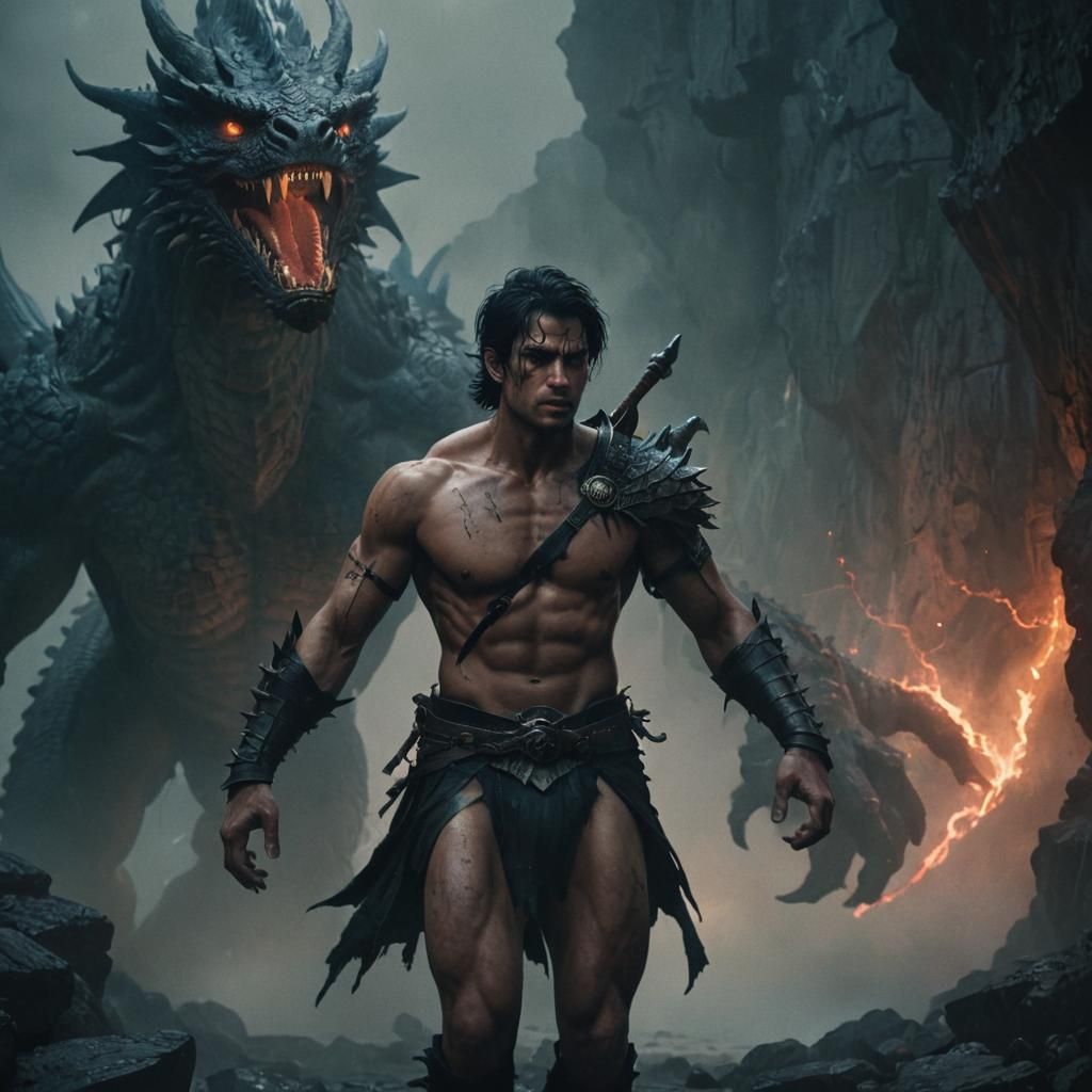 Cimmerian Warrior and Dragon in Film Noir Style