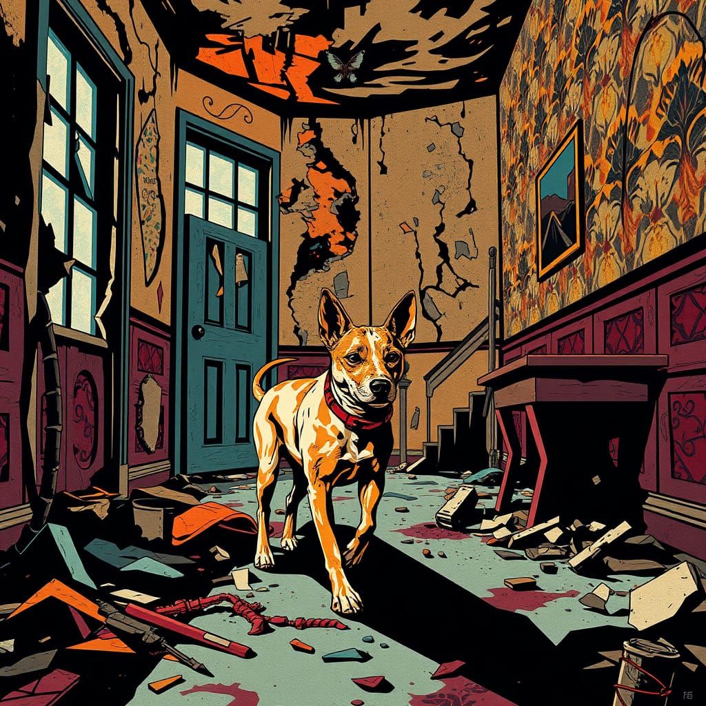 Stray Dog in Abandoned House Cubist Painting