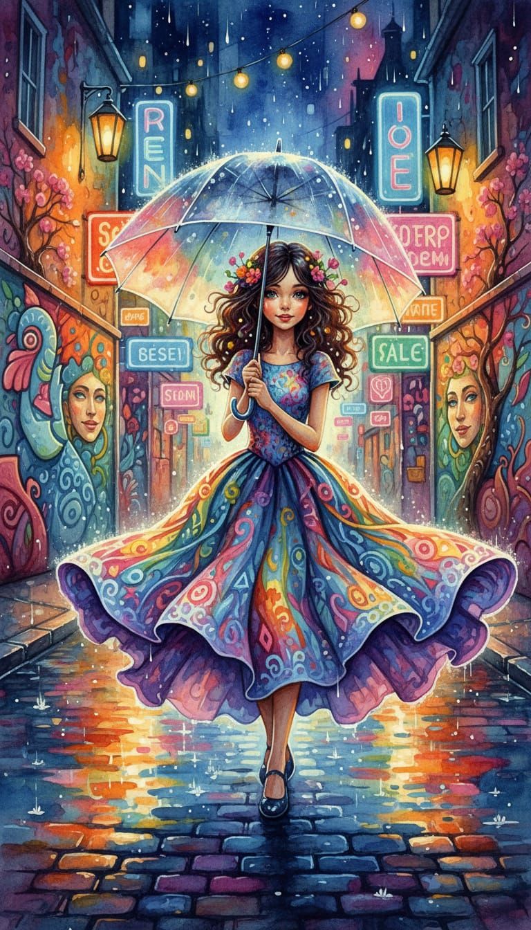 Whimsical Watercolor of Girl in Rainbow Skirt Under Umbrella