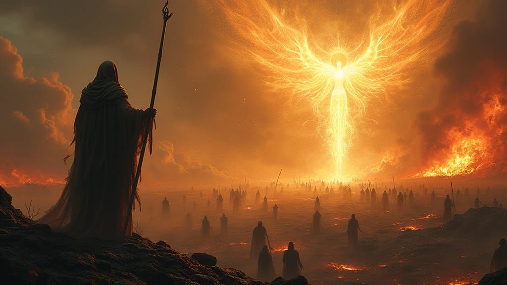 Gods vs Illusionists: Epic Battle in Scorched Landscape