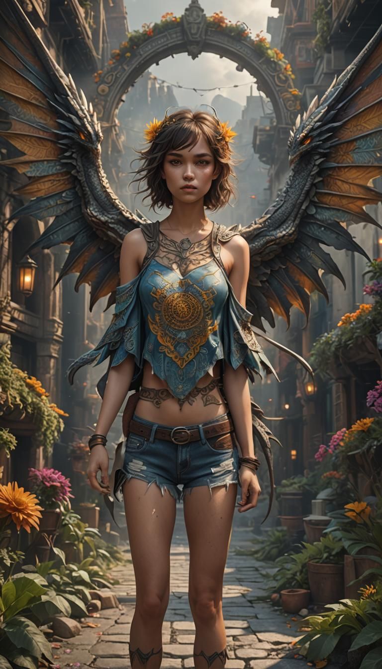 Girl with Dragon Wings Folded: Digital Matte Painting