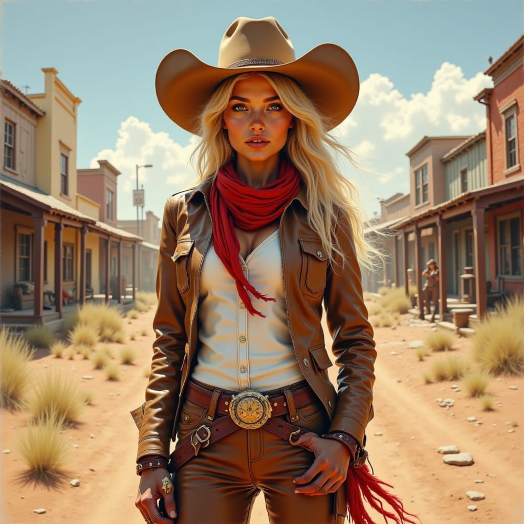 Charming Blonde Cowgirl in Wild West Scenery