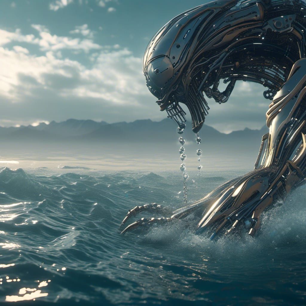 Sleeping Alien Giant in Ocean: Sci-Fi Mech