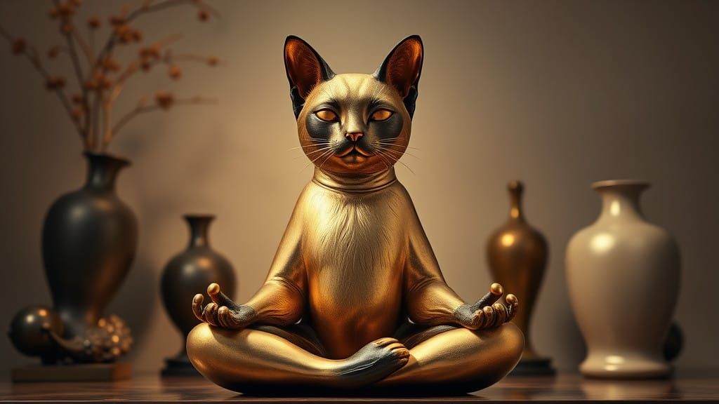 Golden Siamese Cat Meditates in Luxurious Opulence