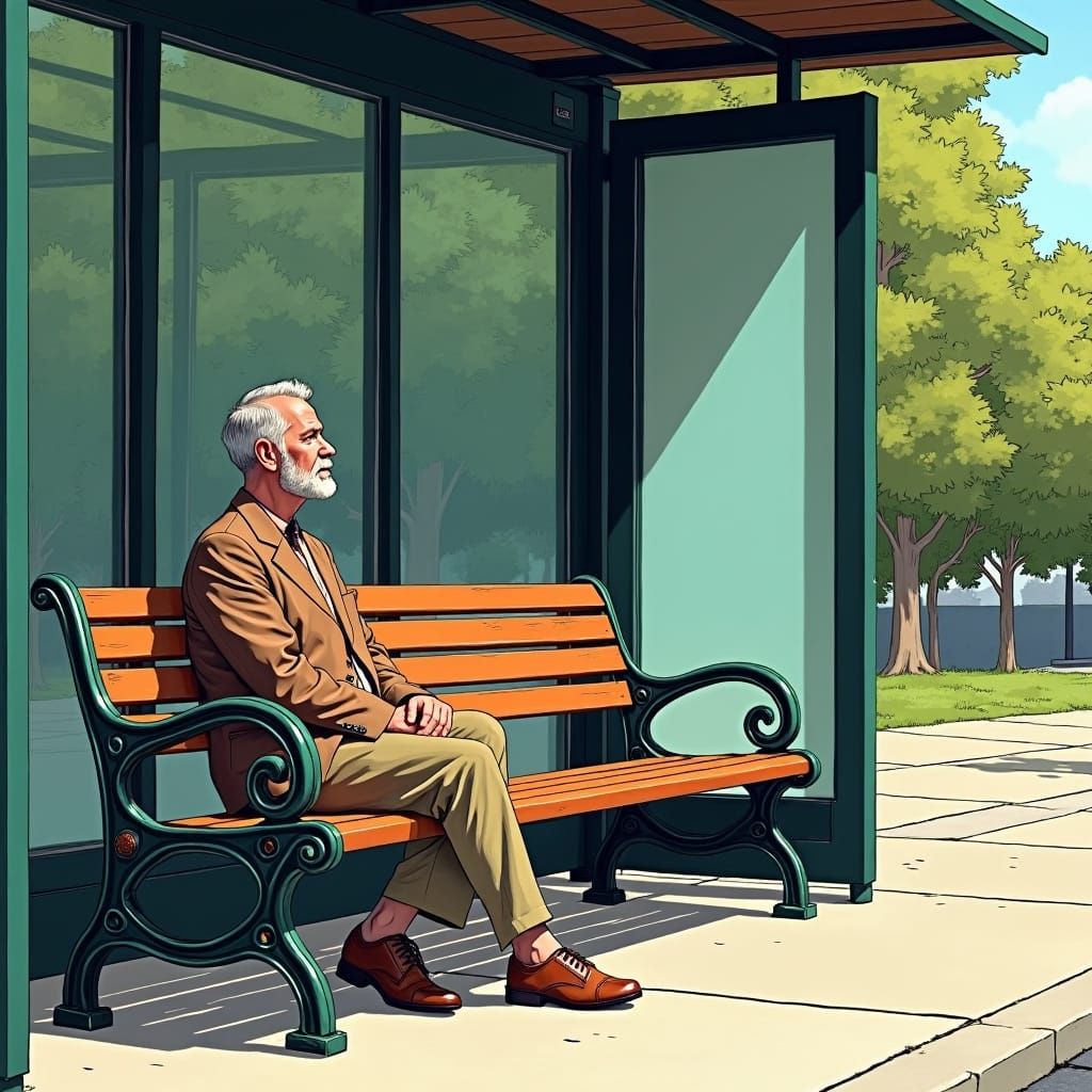 Forrest Gump at Bus Stop in Comic Book Style