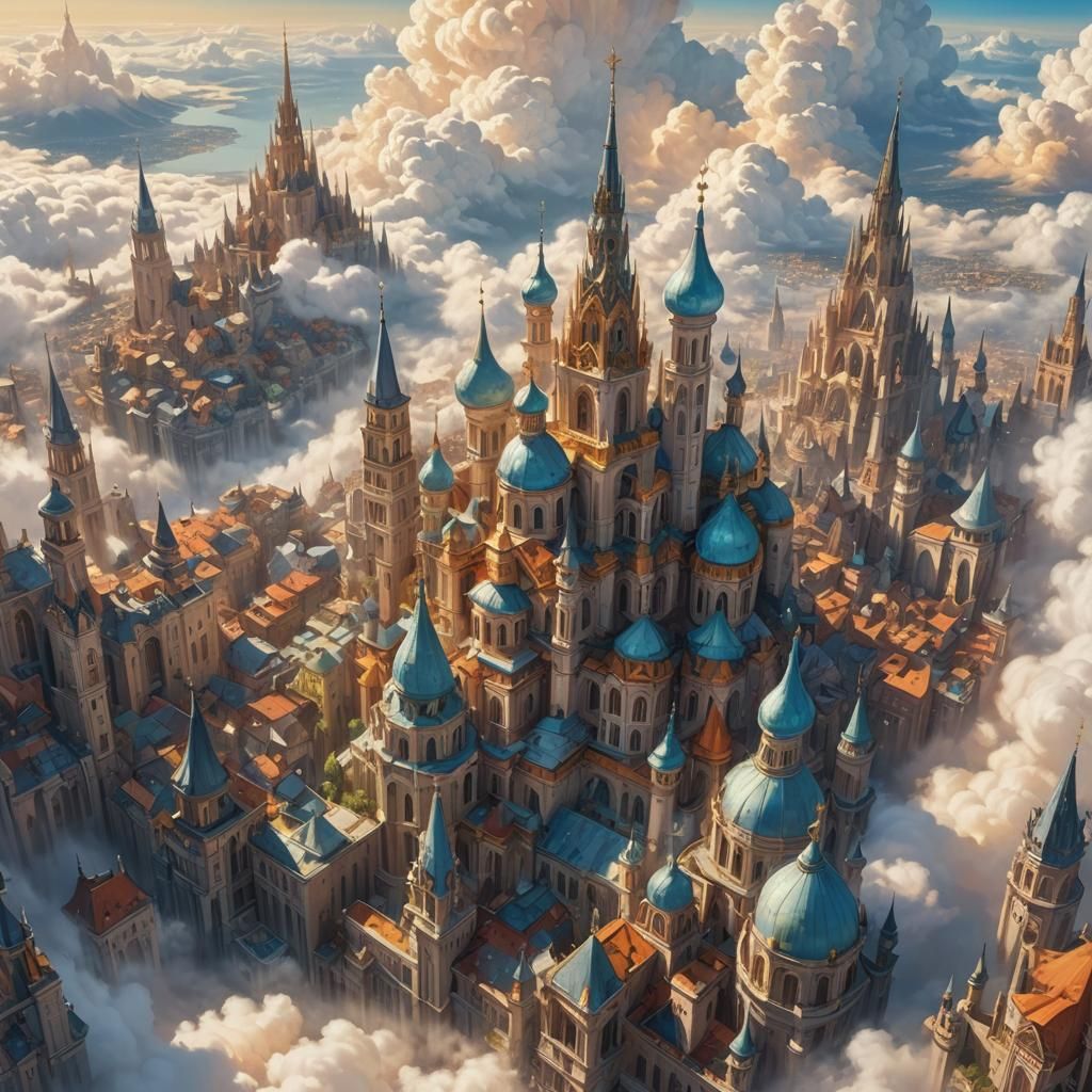Majestic Floating Cities in Oil Painting Style