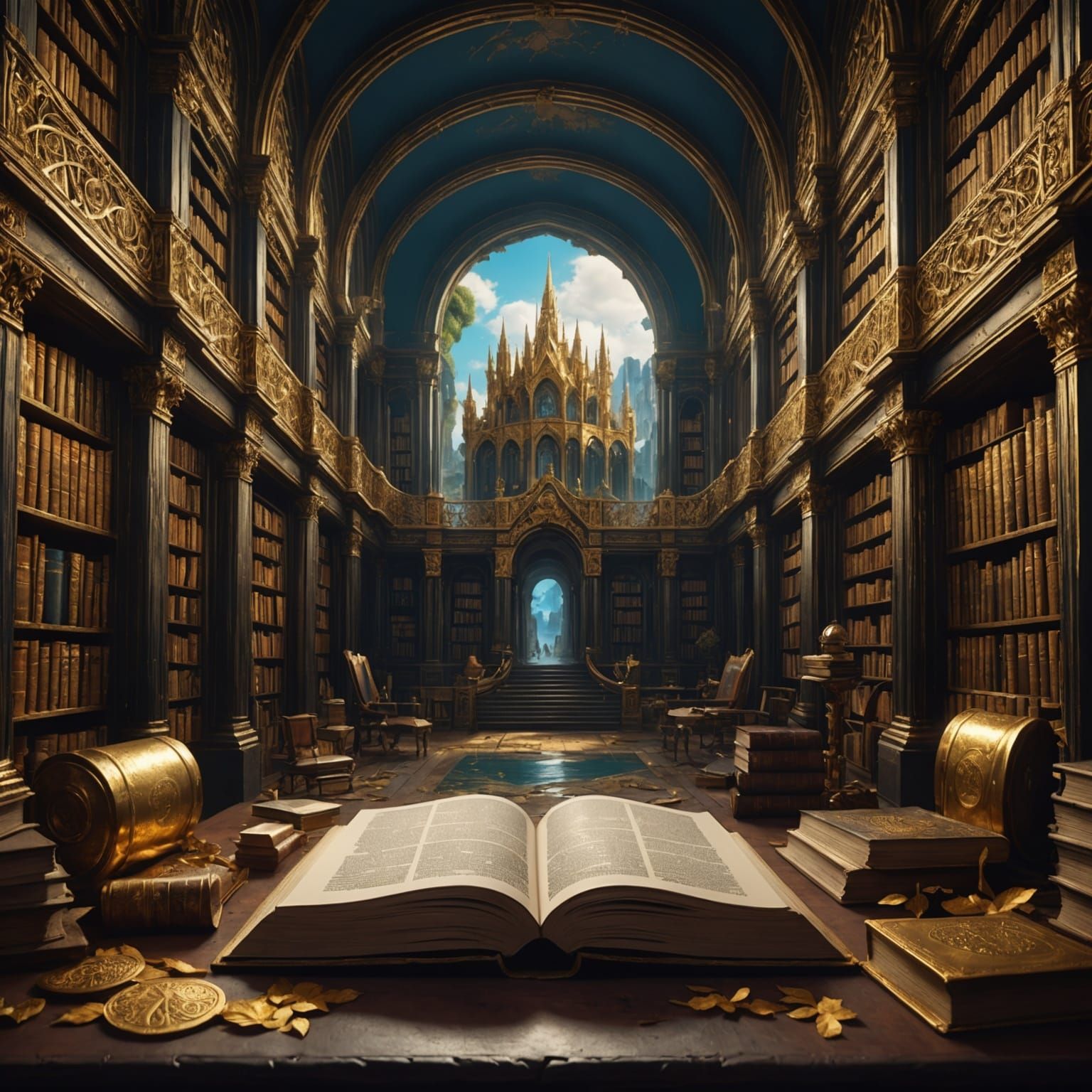 Golden Open Book with Words, Detailed Matte Painting