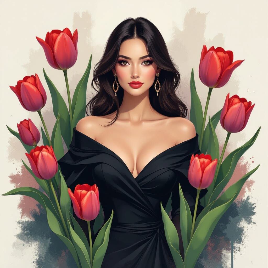 Elegant Woman Among Tulips in Expressive Style