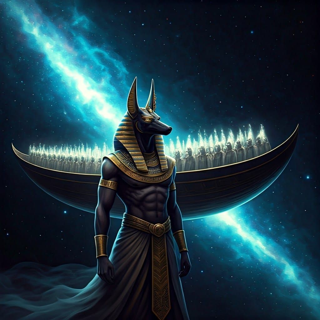 Anubis Ferries Souls in Dramatic Digital Landscape