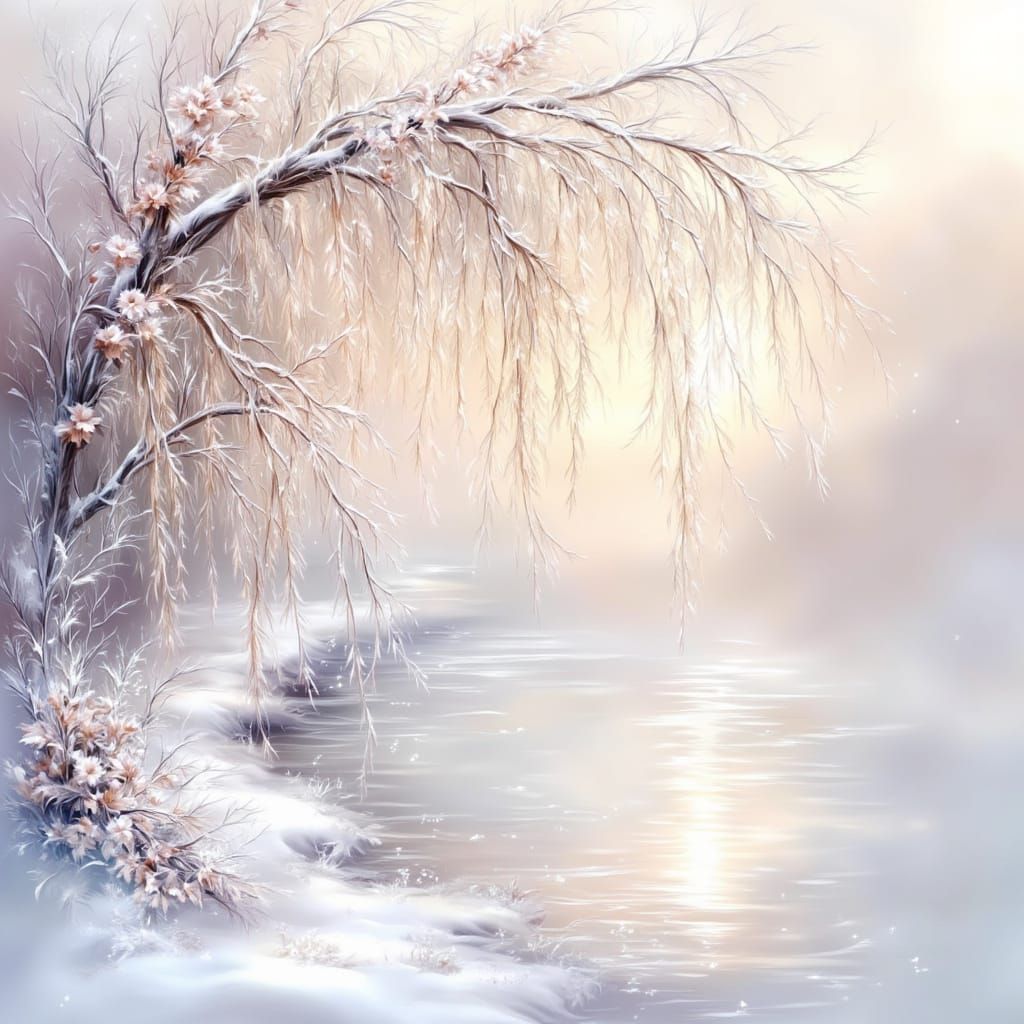 Winter Pond: Snow-Kissed Willows in Impressionist Style