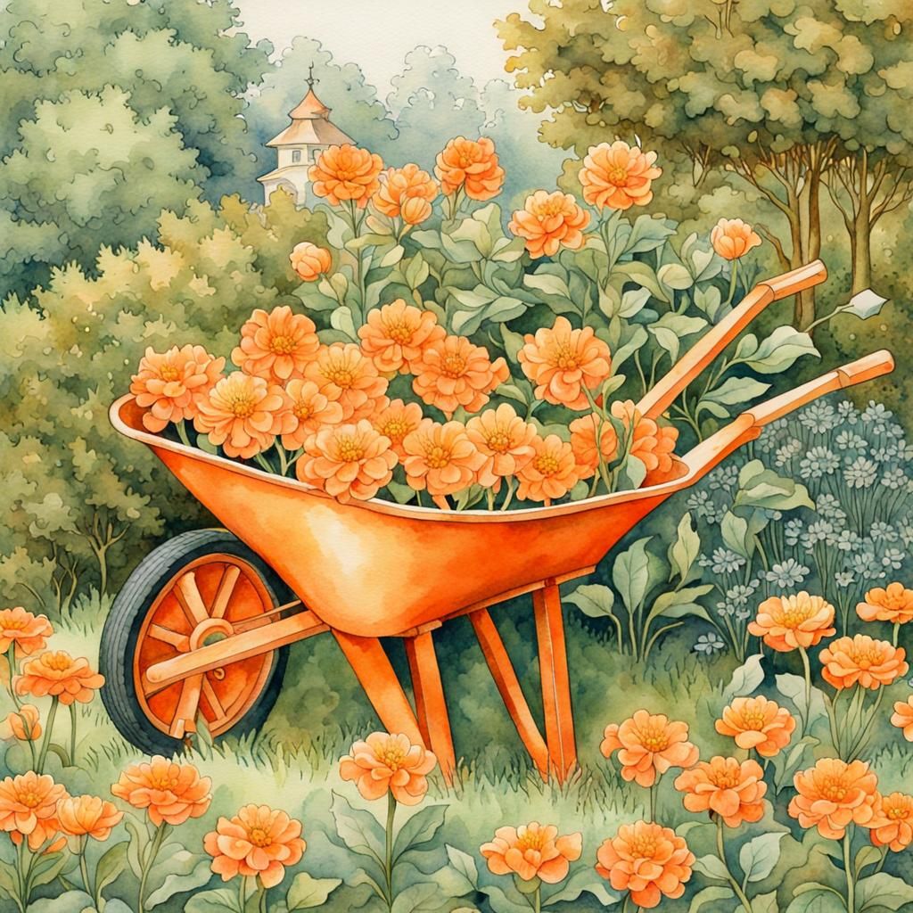 Orange Wheelbarrow in Garden, Watercolor Style