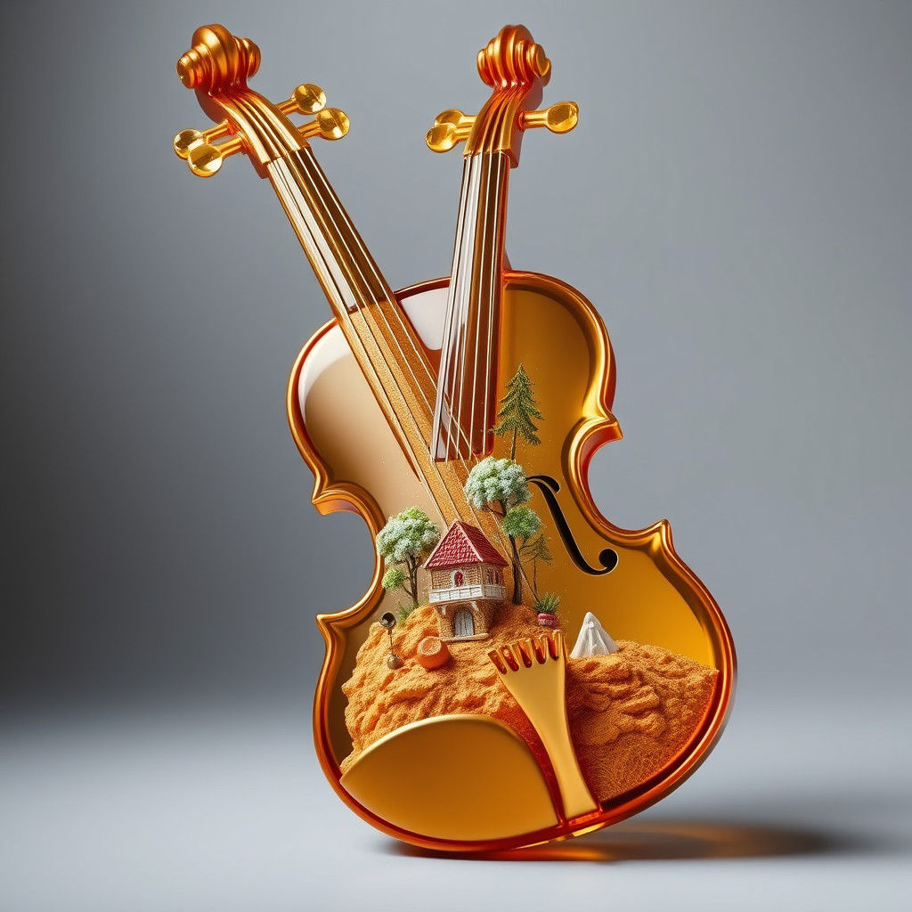 Golden Glass Violin with Miniature Fantasy World