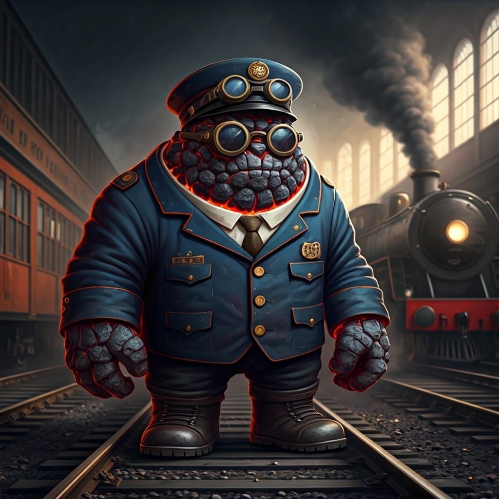 Coal Monster Train Conductor in Dystopian Setting