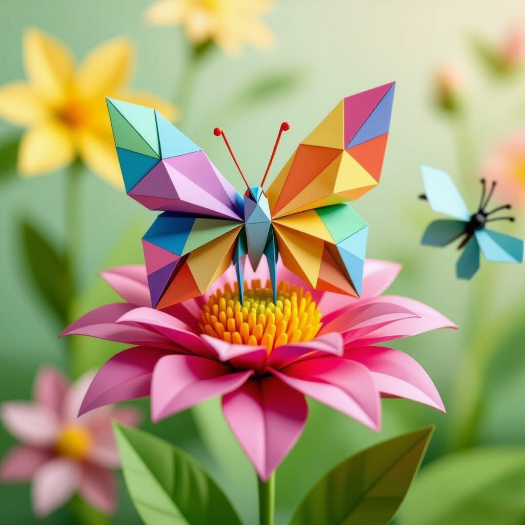 Colorful Origami Butterfly on Paper Flower
