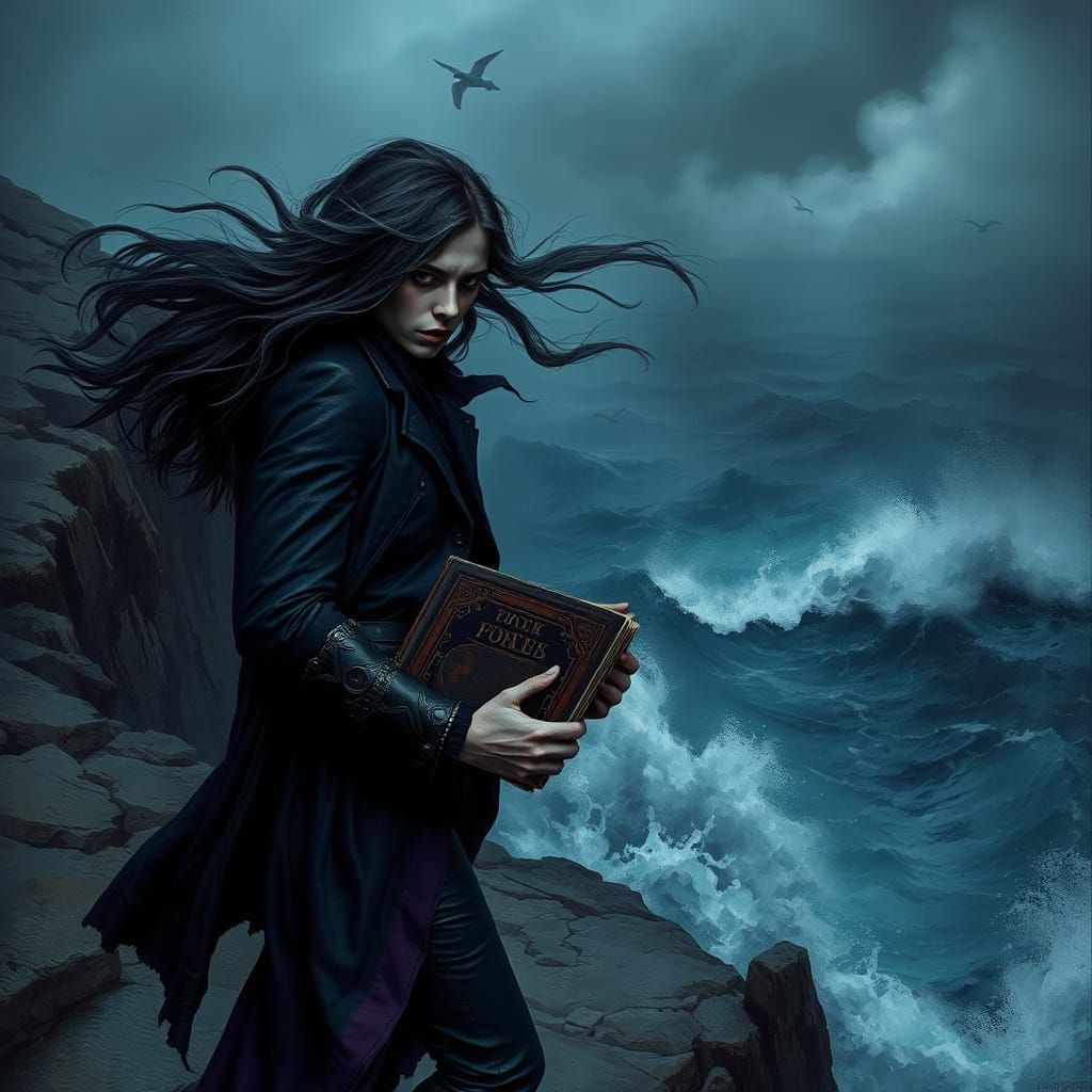 A gothic rockstar stands on a windswept cliff overlooking a stormy sea, his long hair billowing in the wind as he clutch...