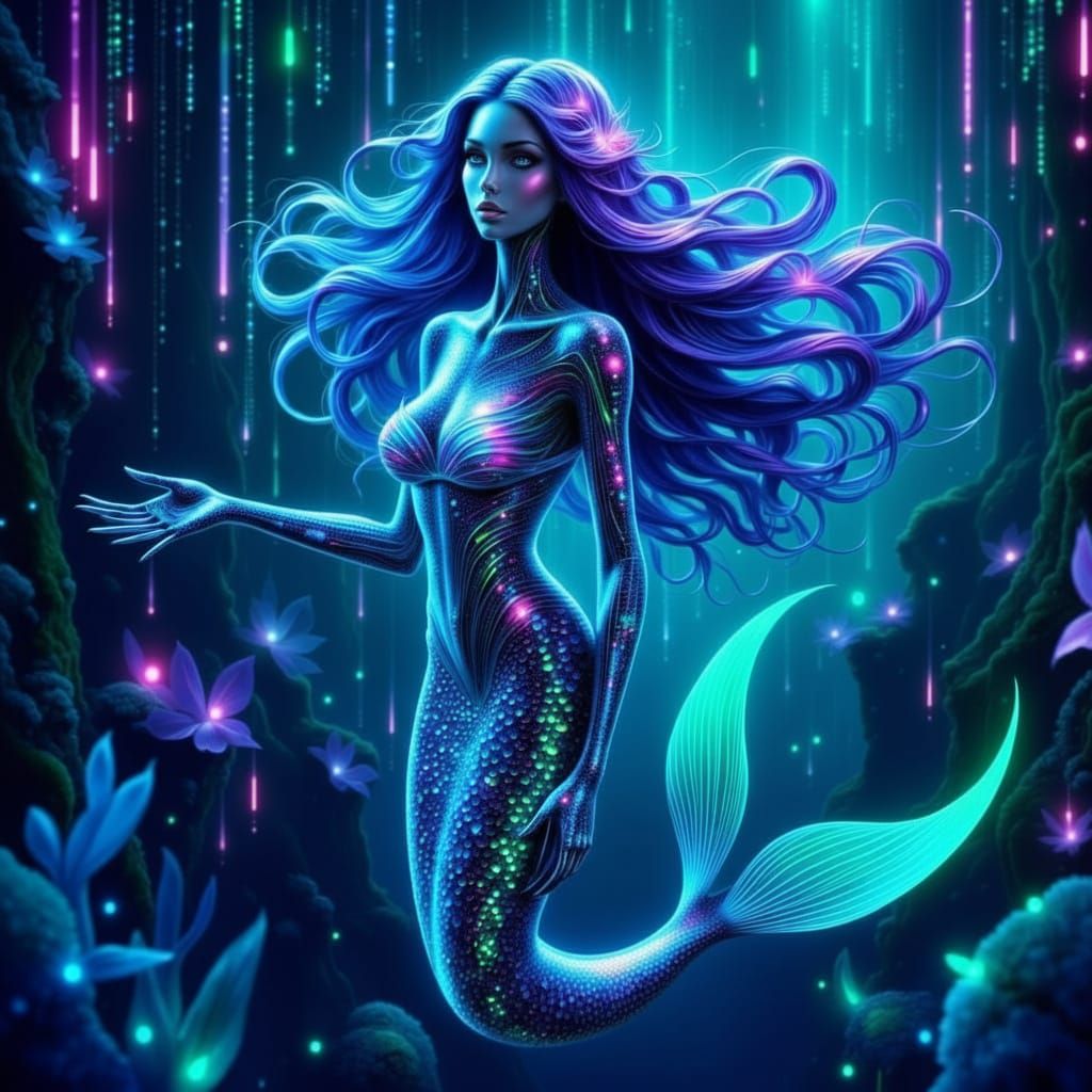 Cybernetic Mermaid in Bioluminescent Matrix Ocean