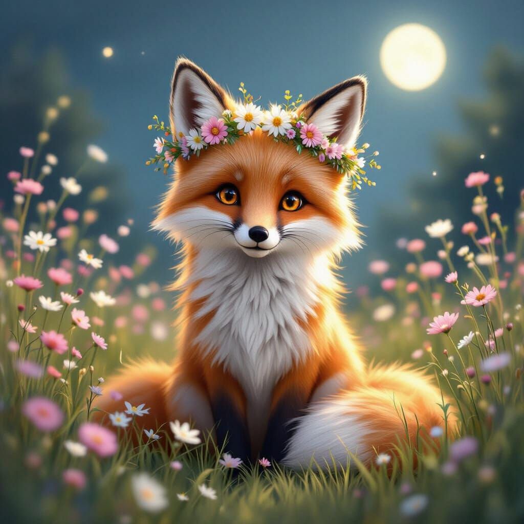 Fox with Wildflower Crown in Dreamy Digital Art