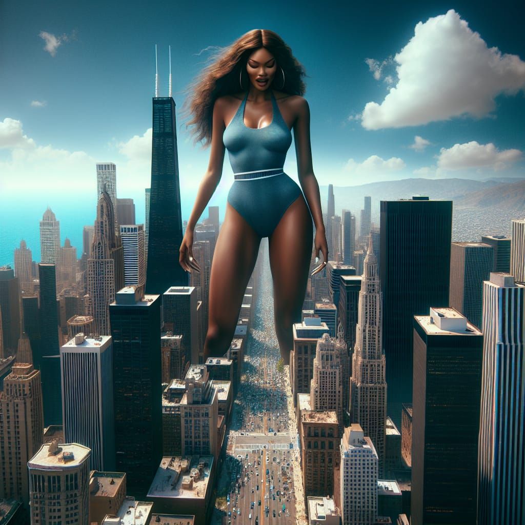 Colossal Woman Towers Over City in Tiny Bikini