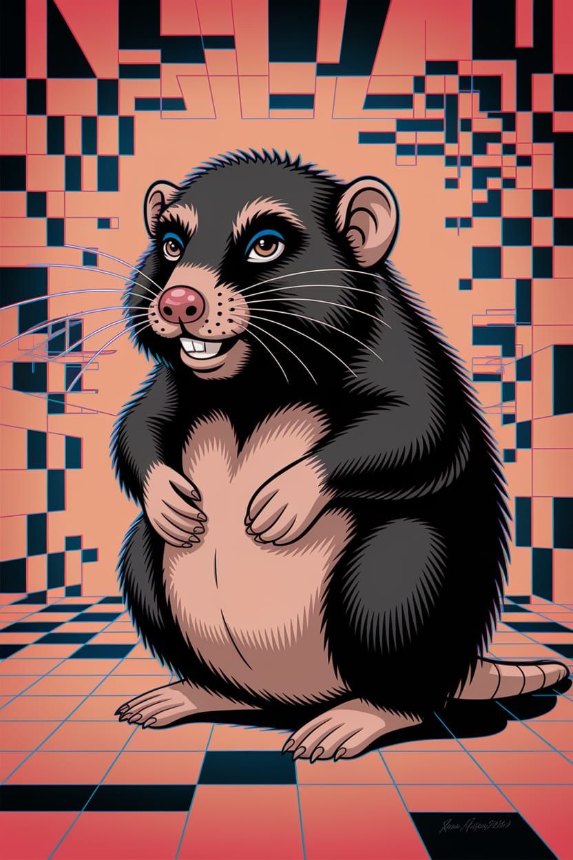 Bold Mole with Glitch Art Smile in Cubist-Inspired Scene