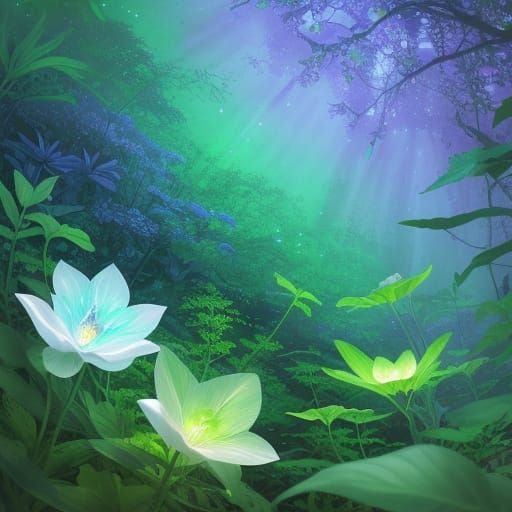 Whimsical Botanical Illustration of Lush, Mystical Forest