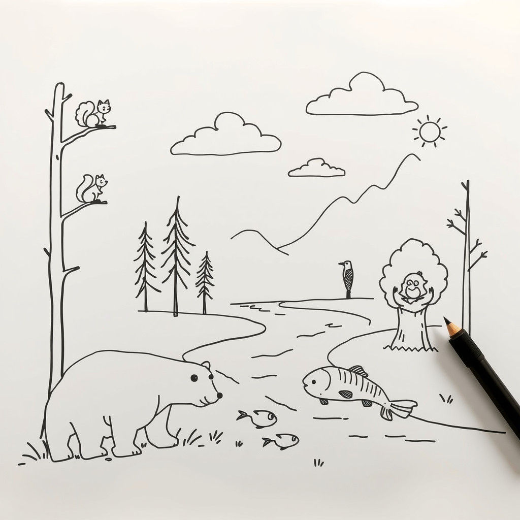 Whimsical Forest Doodle on Whiteboard in Minimalist Style
