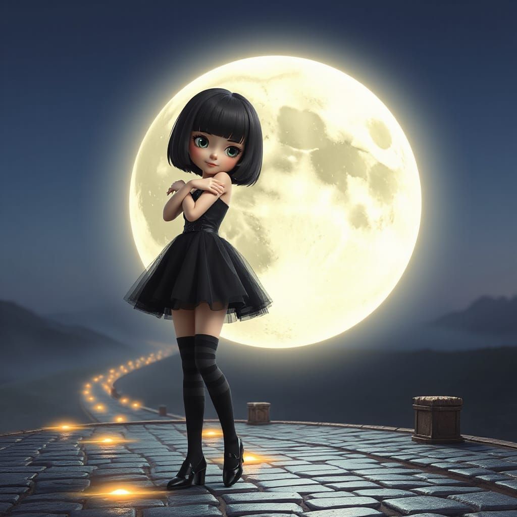 Girl Hugging Moon in Dreamy Cartoon Style
