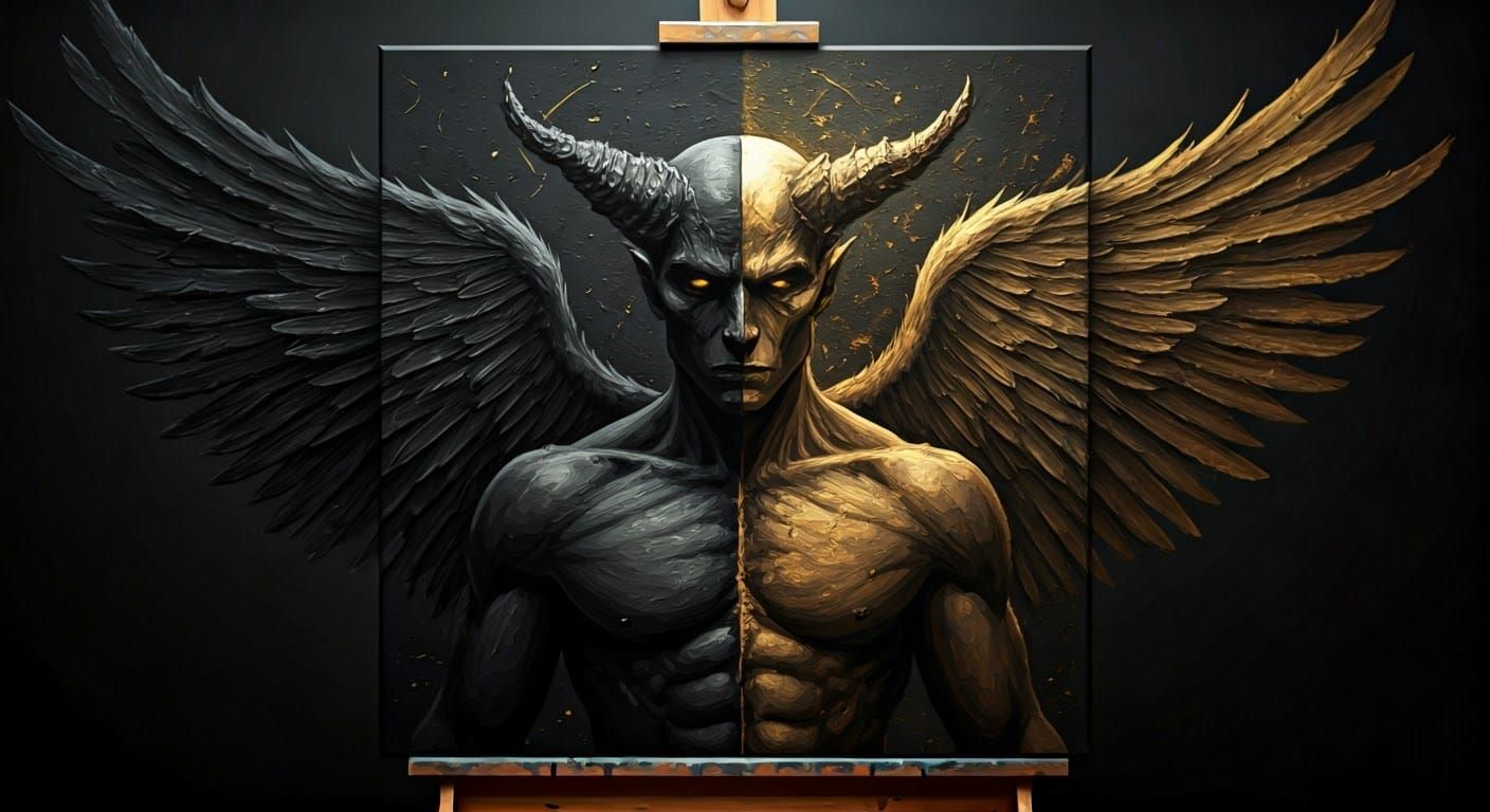 Black Demon and Angel Duality Painting with Grunge Style