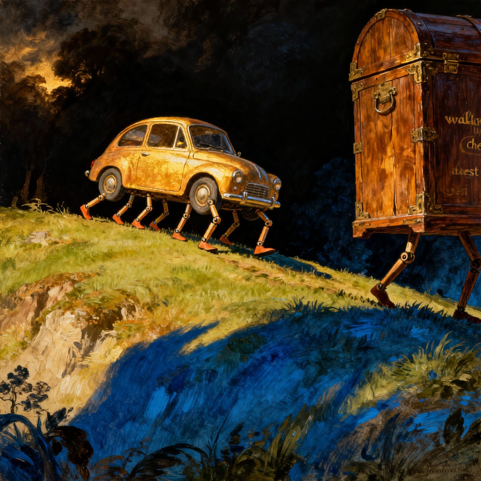 Surreal Car on Many Feet Ascends Hill
