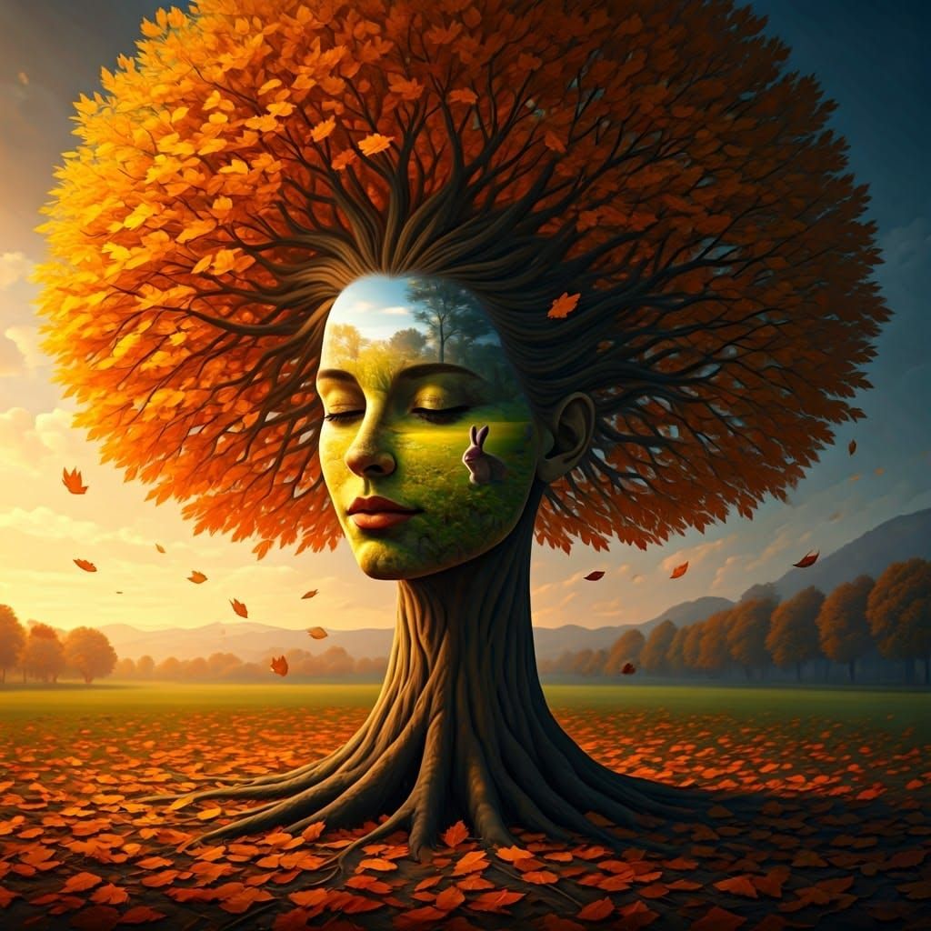 Autumn Tree Becomes Woman in Hyperrealistic Painting