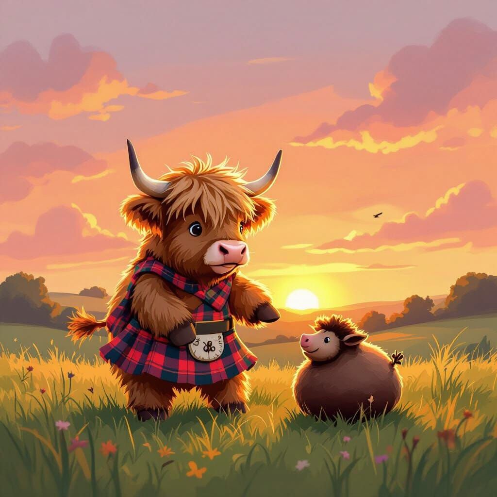 Highland Cow Kilt Playing Haggis at Sunset