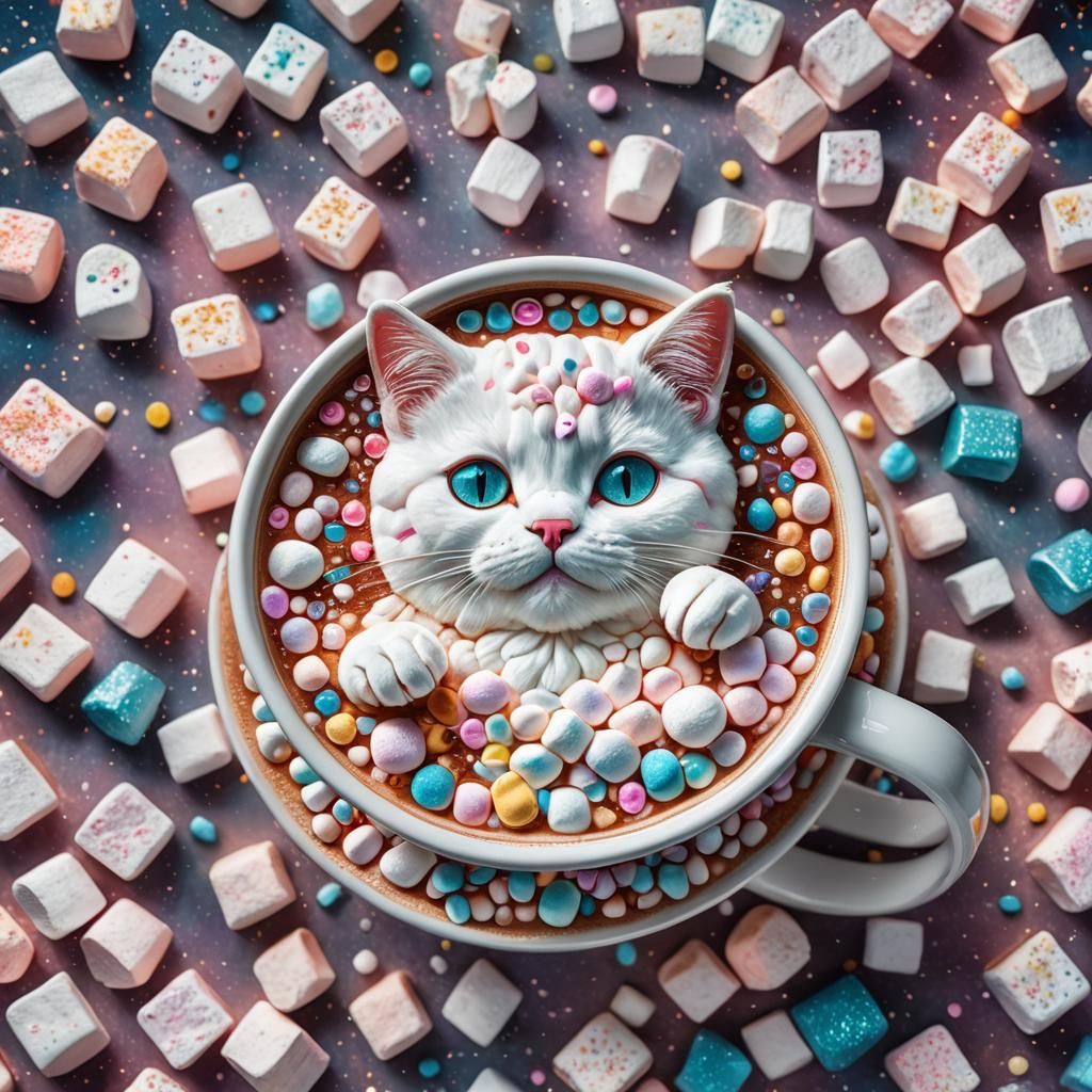 Marshmallow Cat in Hot Coco: Astral Illustration