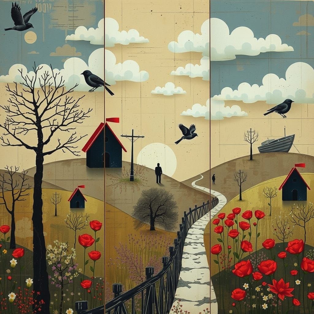 Surreal Spring Dreamscape in Triptych Collage Style