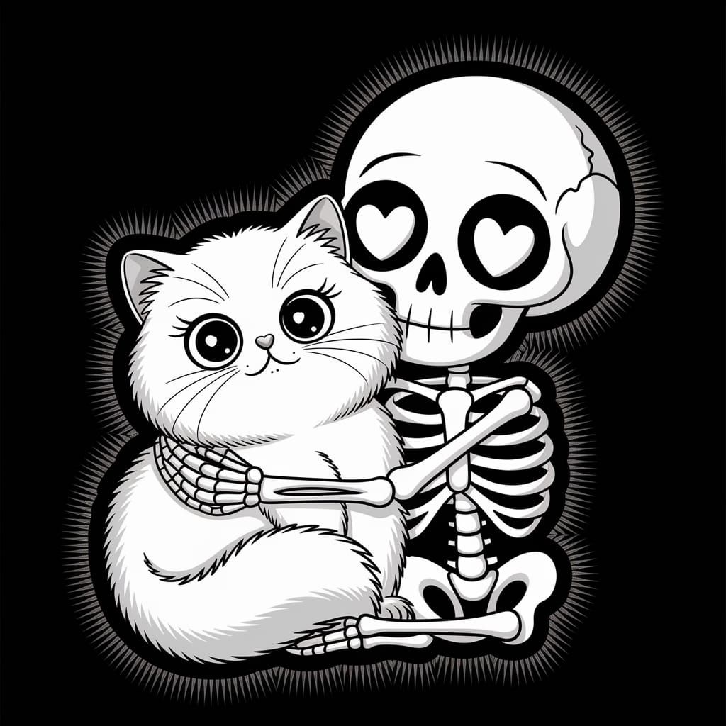 Whimsical Skeleton Hugs Adorable Feline in Charming Cartoon ...