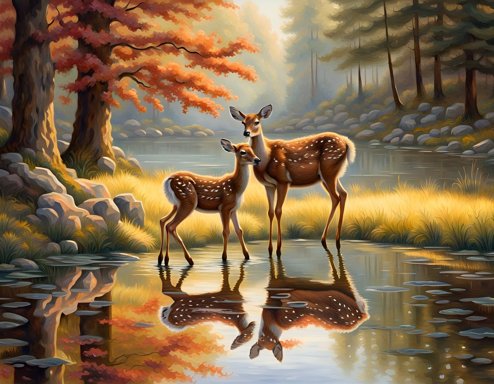 Deer Reflection in Pond: Kinkade-Style Masterpiece