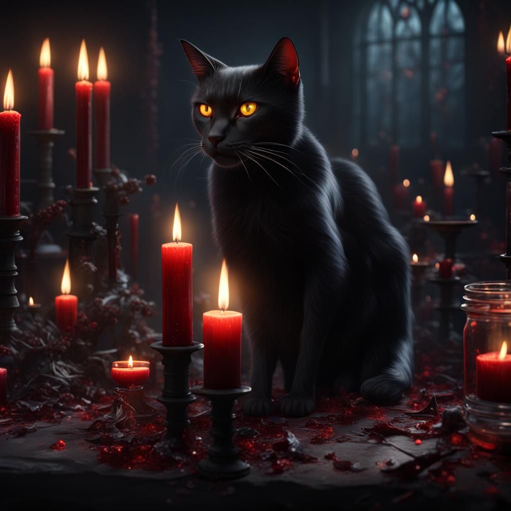Gothic Black Cat Horror Magic in Detailed Matte Painting